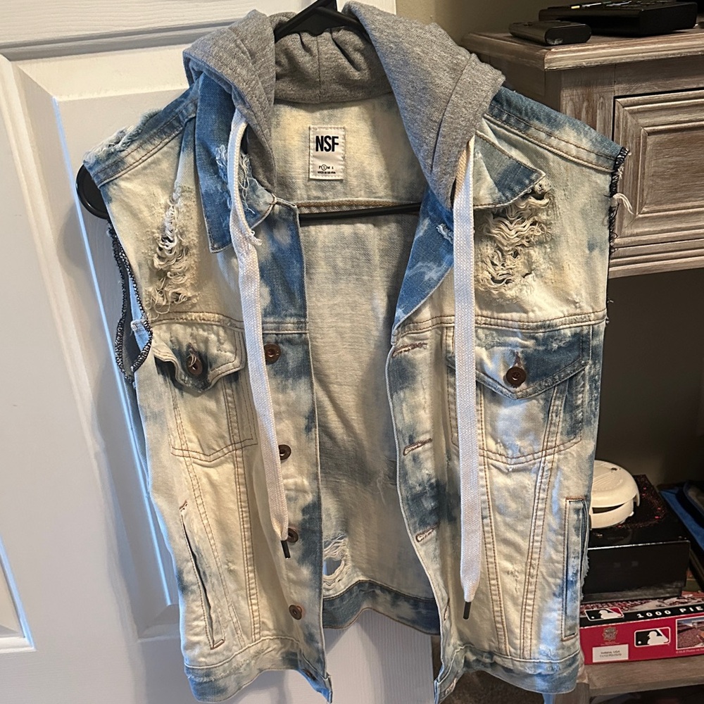 NSF Blue and Gray Denim Vest with Hood